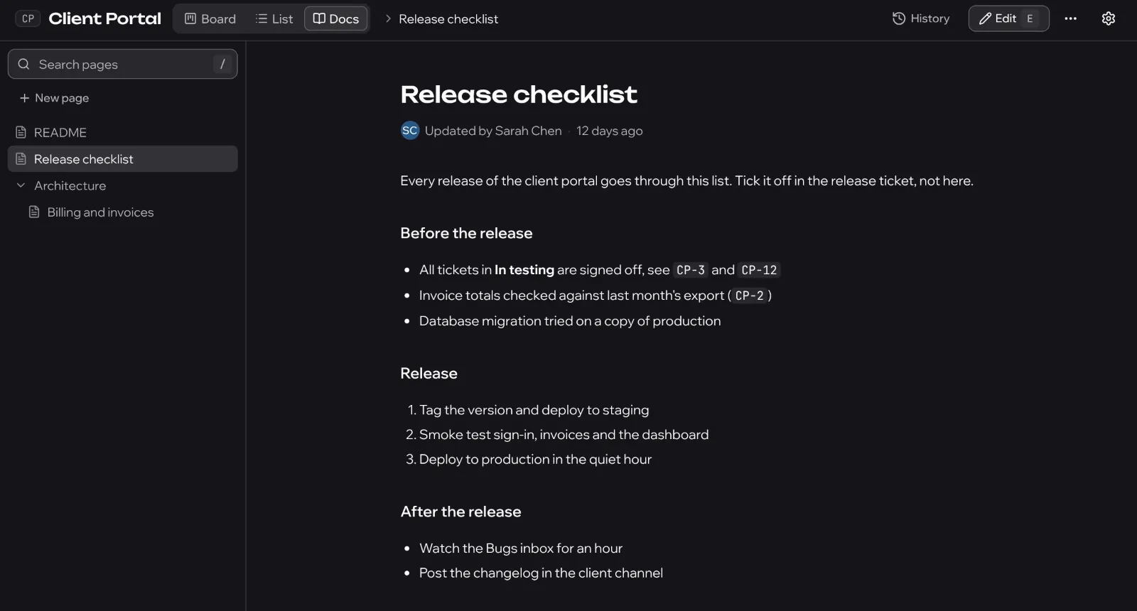 A project's docs page: a release checklist written in Markdown that links to issues by key