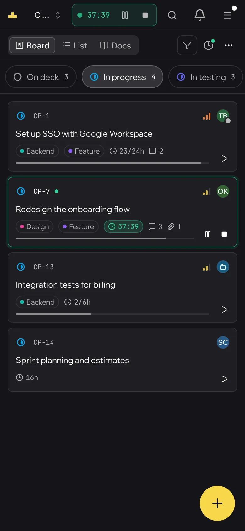 The board on a phone: the In progress column as a list of cards, one with a running timer