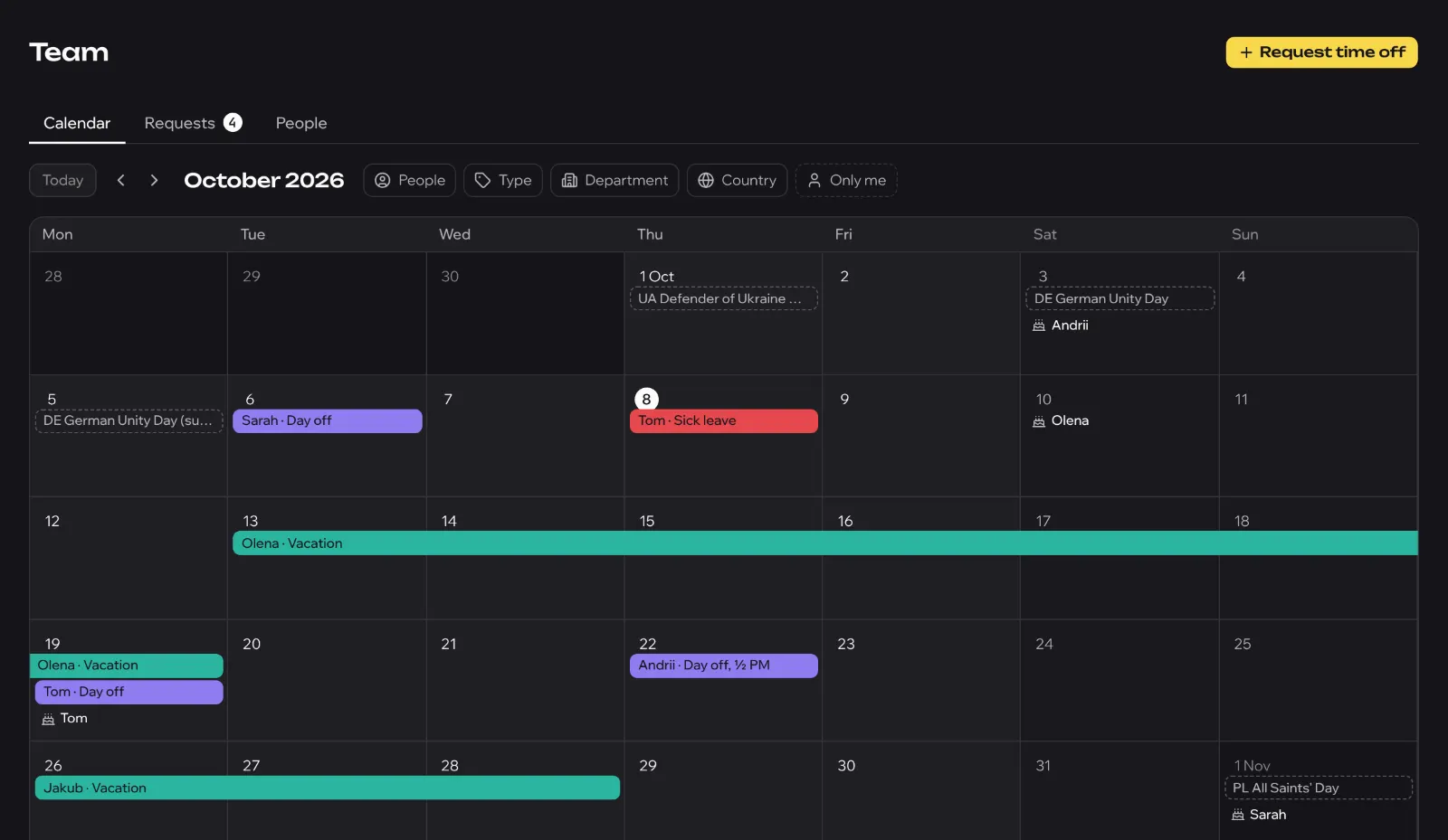 The Team calendar for October: vacations, a sick day, days off, public holidays of three countries and birthdays